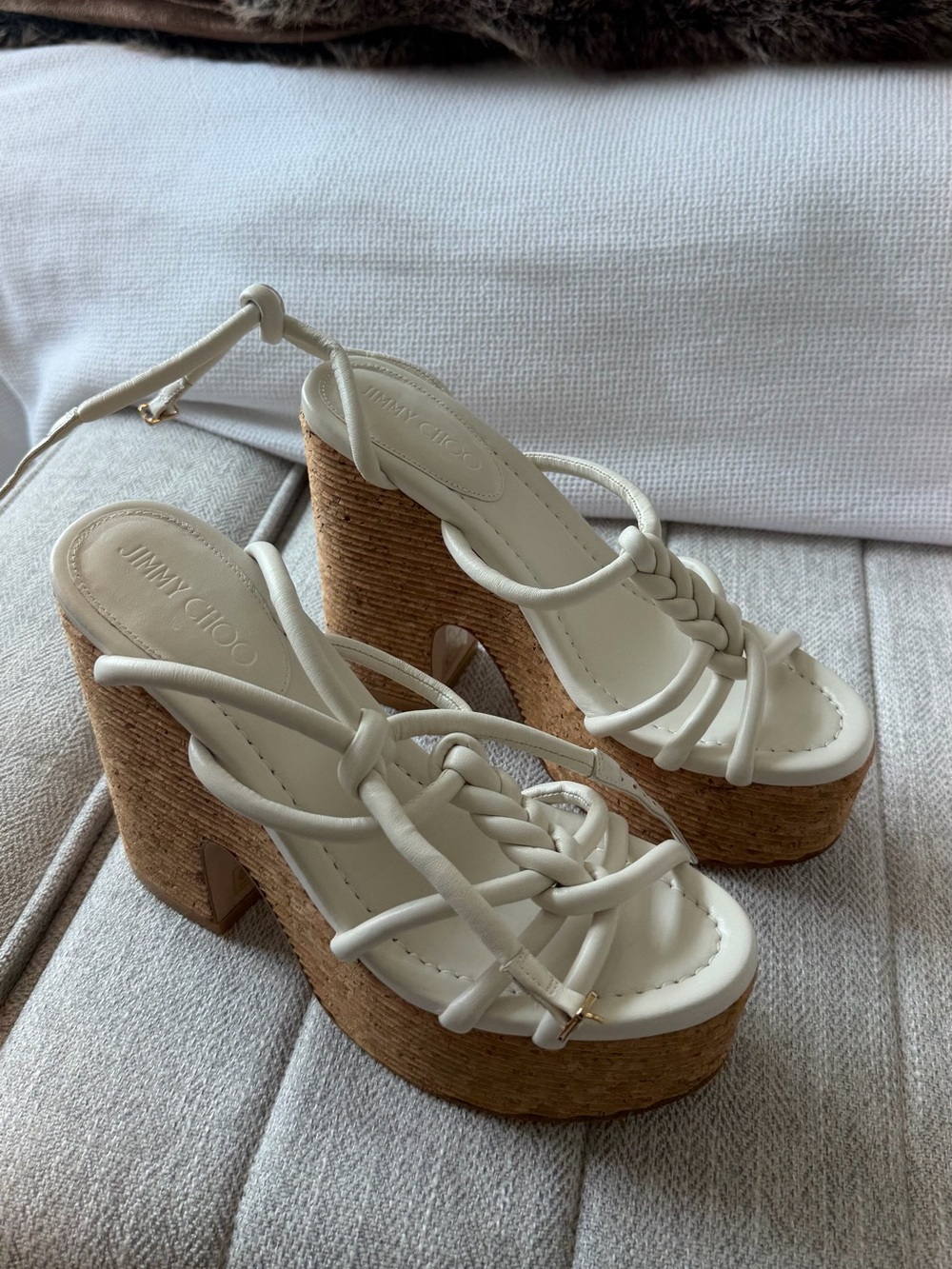 Jimmy Choo Cream Braided Leather Platform Sandals with Woven Heel